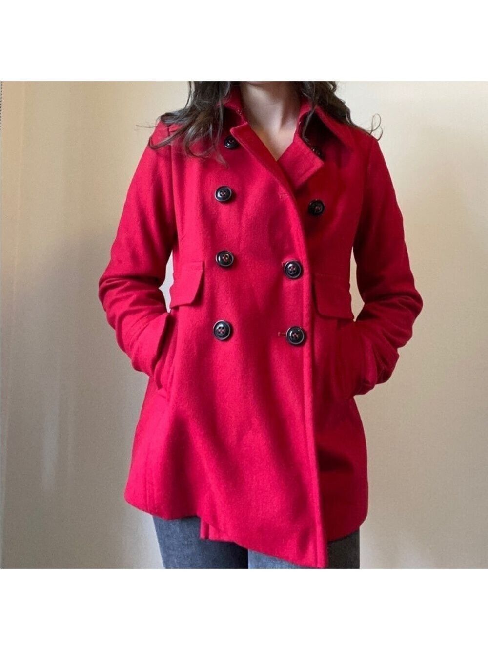 DKNY Red Wool Blend Double Breasted Pea Coat, Size 8